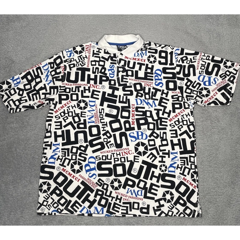 South Pole Mens 2XL White All Over Print SPD Wicked Fashion MCMXCI Polo Shirt